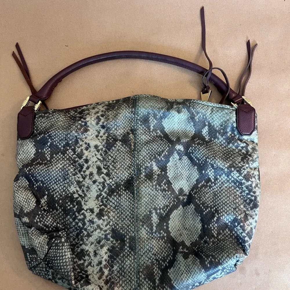Aimee Kestenberg Leather Hobo Bag Aqua/Teal Snake Print Brown leather Handle
